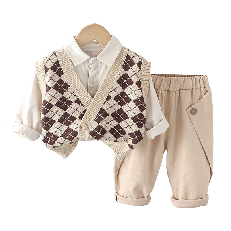 3 Pieces Set Baby Kid Boys Solid Color Shirts Pants And Checked Vests Waistcoats Wholesale 230206382