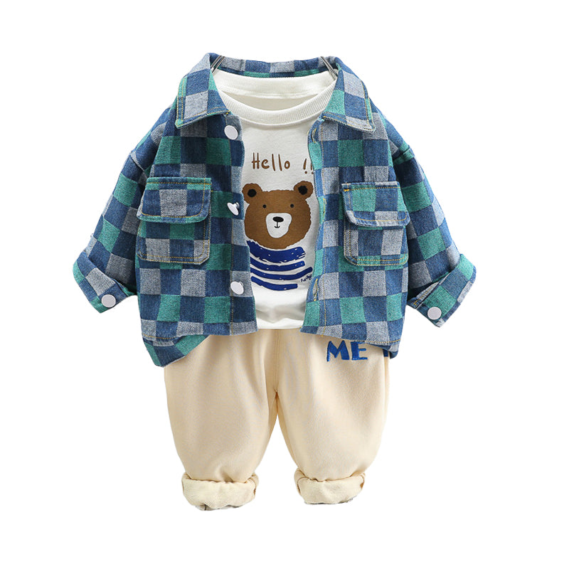 3 Pieces Set Baby Kid Boys Letters Cartoon Print Tops Checked Jackets Outwears And Embroidered Pants Wholesale 230206383