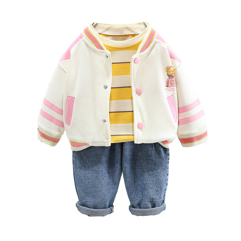 3 Pieces Set Baby Kid Unisex Cartoon Print Jackets Outwears And Striped Tops And Solid Color Pants Wholesale 230206386