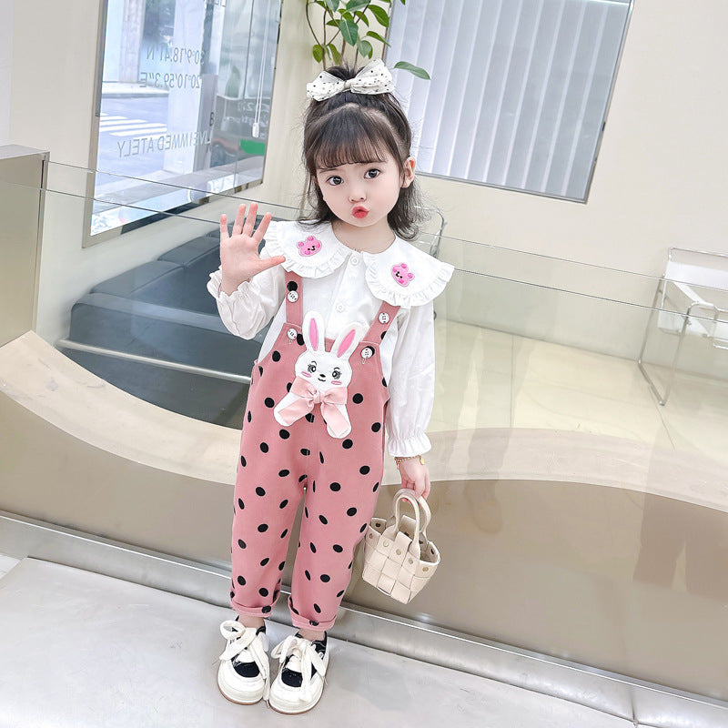 2 Pieces Set Baby Kid Girls Animals Rabbit Embroidered Blouses And Polka dots Jumpsuits Wholesale 230206392