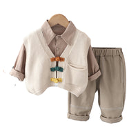 Load image into Gallery viewer, 3 Pieces Set Baby Kid Boys Solid Color Shirts Crochet Vests Waistcoats And Pants Wholesale 230206396
