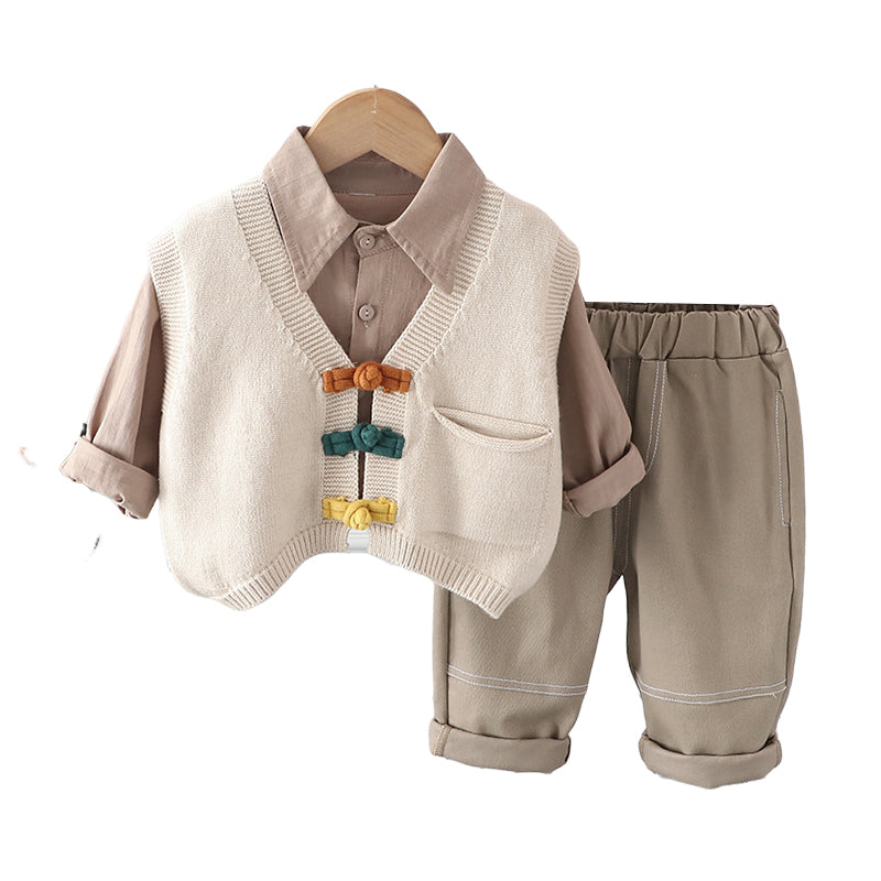 3 Pieces Set Baby Kid Boys Solid Color Shirts Crochet Vests Waistcoats And Pants Wholesale 230206396
