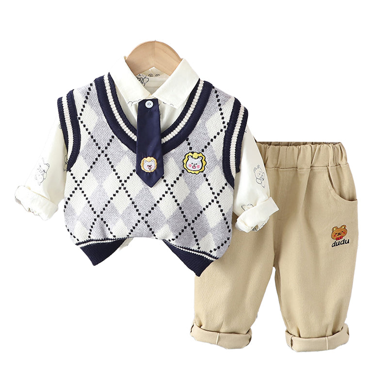 3 Pieces Set Baby Kid Boys Bow Tops Checked Vests Waistcoats And Cartoon Pants Wholesale 230206412