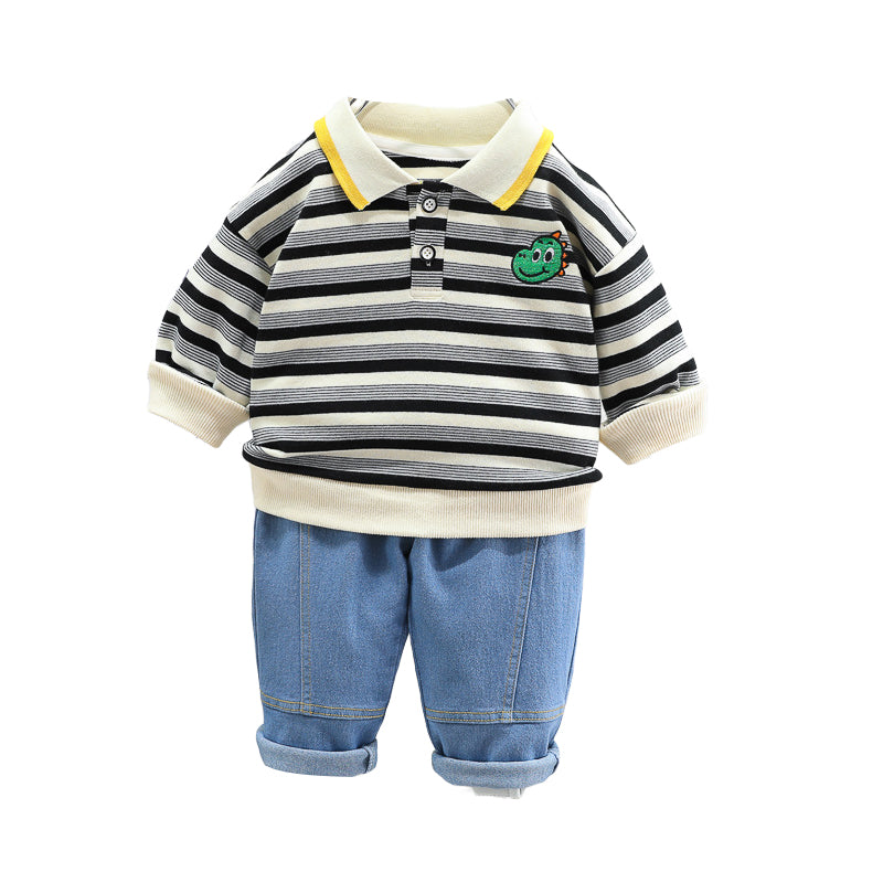 2 Pieces Set Baby Kid Boys Striped Cartoon Polo Shirts And Solid Color Jeans Wholesale 230206417