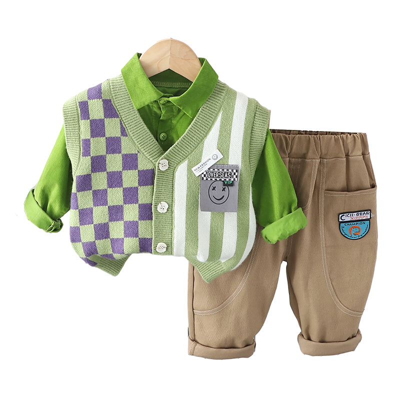 3 Pieces Set Baby Kid Boys Solid Color Print Shirts And Checked Vests Waistcoats And Cartoon Pants Wholesale 230206420