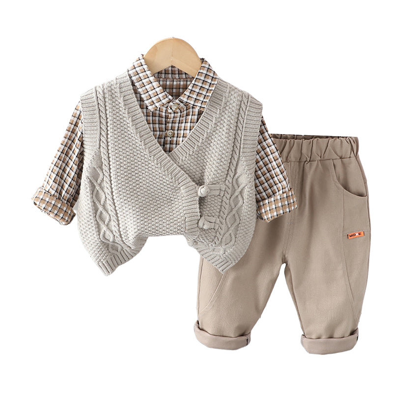 3 Pieces Set Baby Kid Boys Checked Shirts And Solid Color Vests Waistcoats And Pants Wholesale 230206425