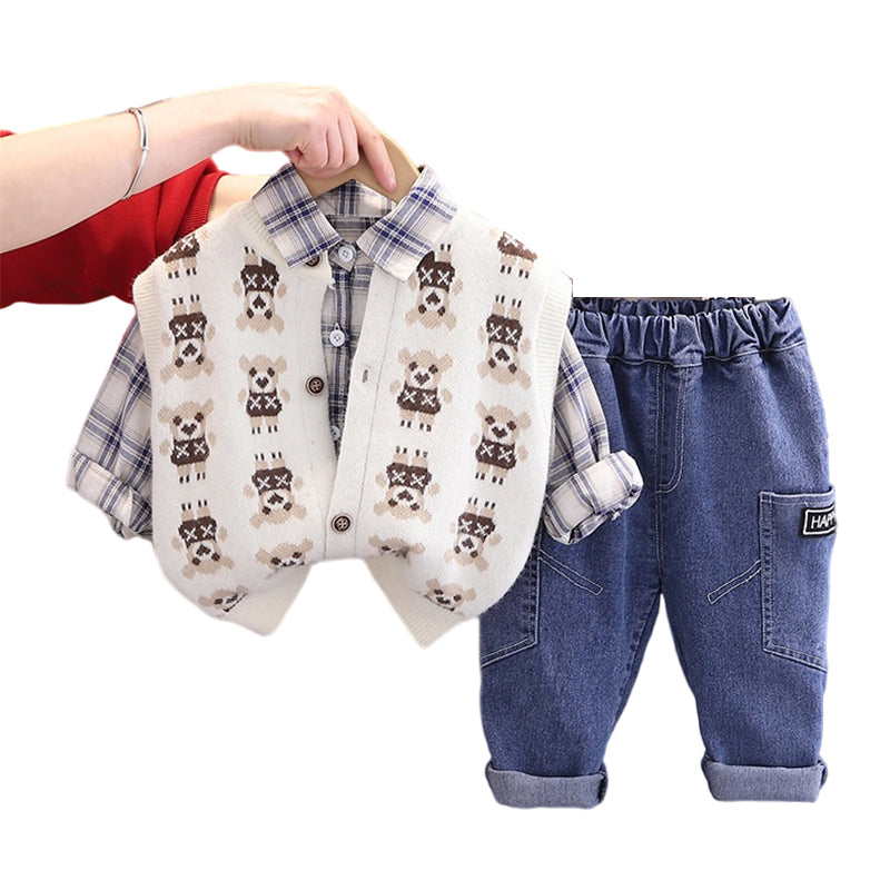 3 Pieces Set Baby Kid Boys Checked Shirts Cartoon Vests Waistcoats And Letters Jeans Wholesale 230206485