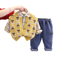 Load image into Gallery viewer, 3 Pieces Set Baby Kid Boys Checked Shirts Cartoon Vests Waistcoats And Letters Jeans Wholesale 230206485

