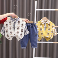 Load image into Gallery viewer, 3 Pieces Set Baby Kid Boys Checked Shirts Cartoon Vests Waistcoats And Letters Jeans Wholesale 230206485
