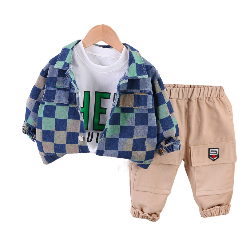 3 Pieces Set Baby Kid Boys Letters Tops Checked Jackets Outwears And Pants Wholesale 230206488