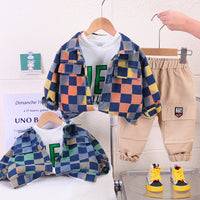 Load image into Gallery viewer, 3 Pieces Set Baby Kid Boys Letters Tops Checked Jackets Outwears And Pants Wholesale 230206488
