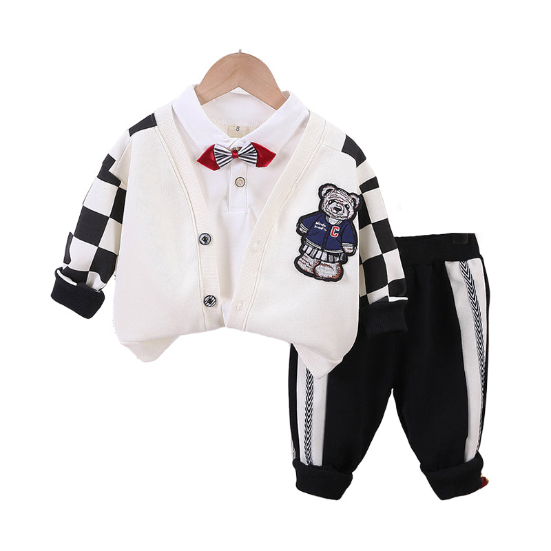 3 Pieces Set Baby Kid Boys Solid Color Polo Shirts Checked Jackets Outwears And Color-blocking Pants Wholesale 230206501