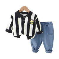 Load image into Gallery viewer, 2 Pieces Set Baby Kid Boys Striped Letters Cartoon Embroidered Polo Shirts And Solid Color Jeans Wholesale 230206503
