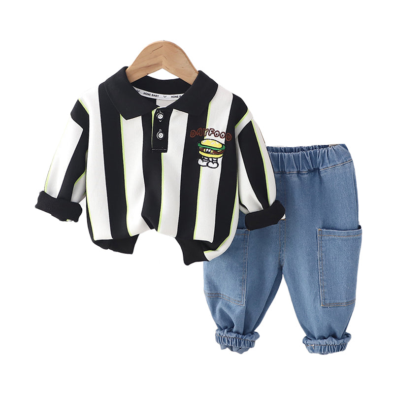 2 Pieces Set Baby Kid Boys Striped Letters Cartoon Embroidered Polo Shirts And Solid Color Jeans Wholesale 230206503