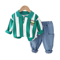 Load image into Gallery viewer, 2 Pieces Set Baby Kid Boys Striped Letters Cartoon Embroidered Polo Shirts And Solid Color Jeans Wholesale 230206503
