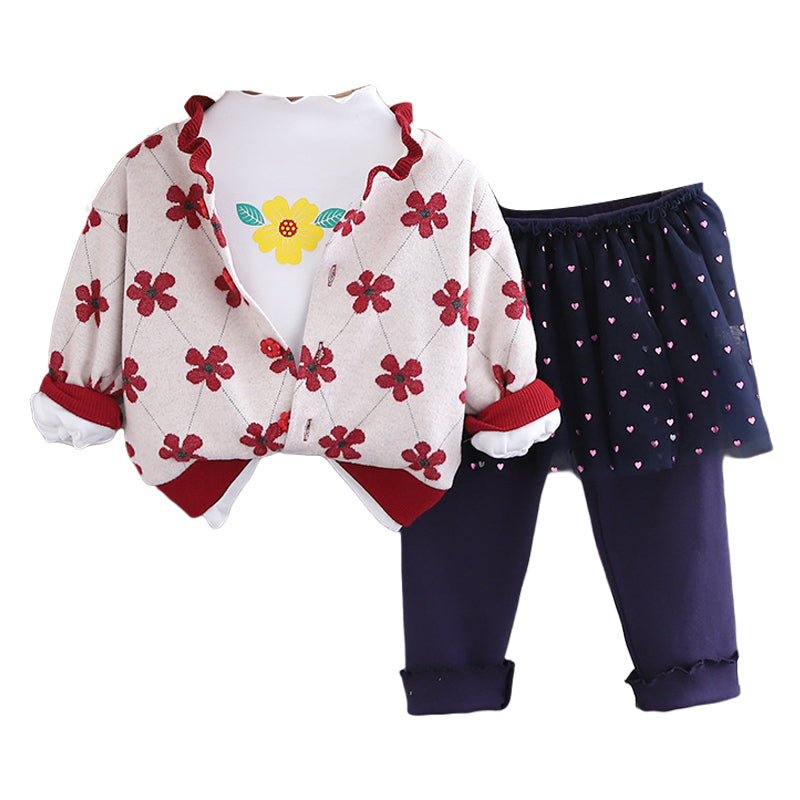 3 Pieces Set Baby Kid Girls Flower Print Tops And Jackets Outwears And Love heart Pants Wholesale 23020694