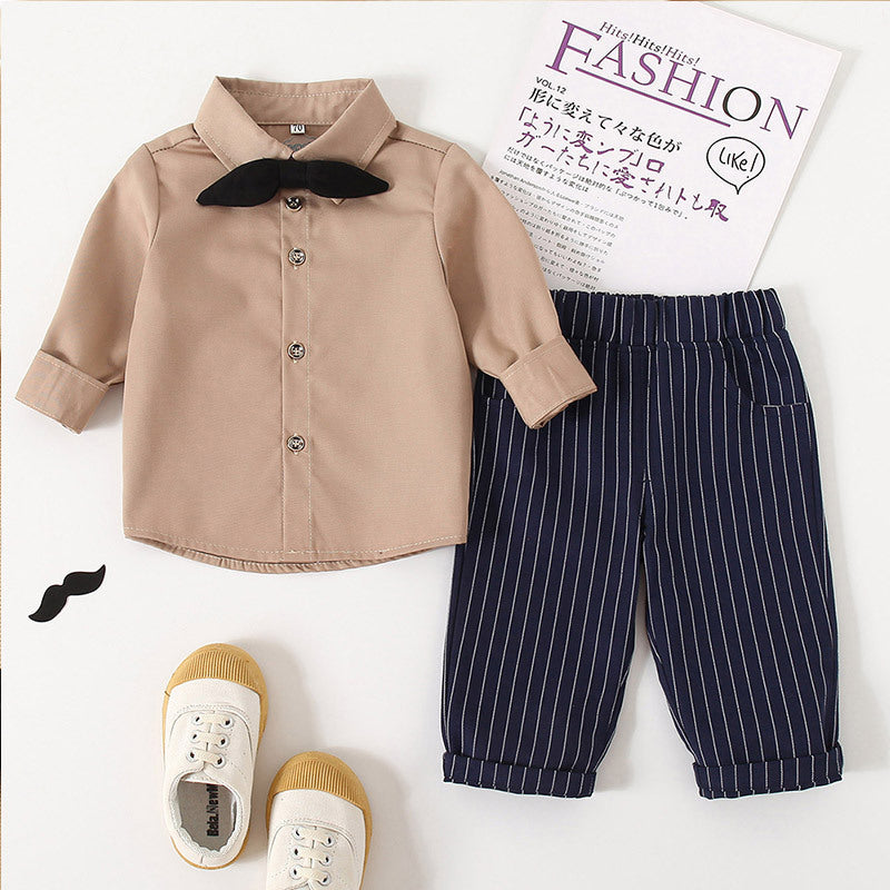 2 Pieces Set Baby Boys Solid Color Bow Shirts And Striped Pants Wholesale 230210115