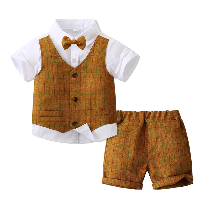 2 Pieces Set Baby Kid Boys Birthday Party Checked Bow Tops And Shorts Wholesale 230210118