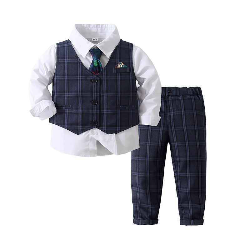 3 Pieces Set Baby Kid Boys Birthday Party Solid Color Bow Shirts Checked Vests Waistcoats And Pants Wholesale 230210120