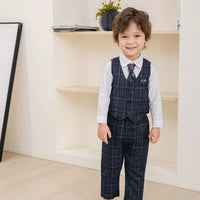 Load image into Gallery viewer, 3 Pieces Set Baby Kid Boys Birthday Party Solid Color Bow Shirts Checked Vests Waistcoats And Pants Wholesale 230210120
