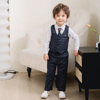 Load image into Gallery viewer, 3 Pieces Set Baby Kid Boys Birthday Party Solid Color Bow Shirts Checked Vests Waistcoats And Pants Wholesale 230210120
