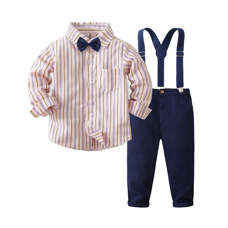 2 Pieces Set Baby Kid Boys Birthday Party Striped Bow Shirts And Solid Color Jumpsuits Wholesale 230210121