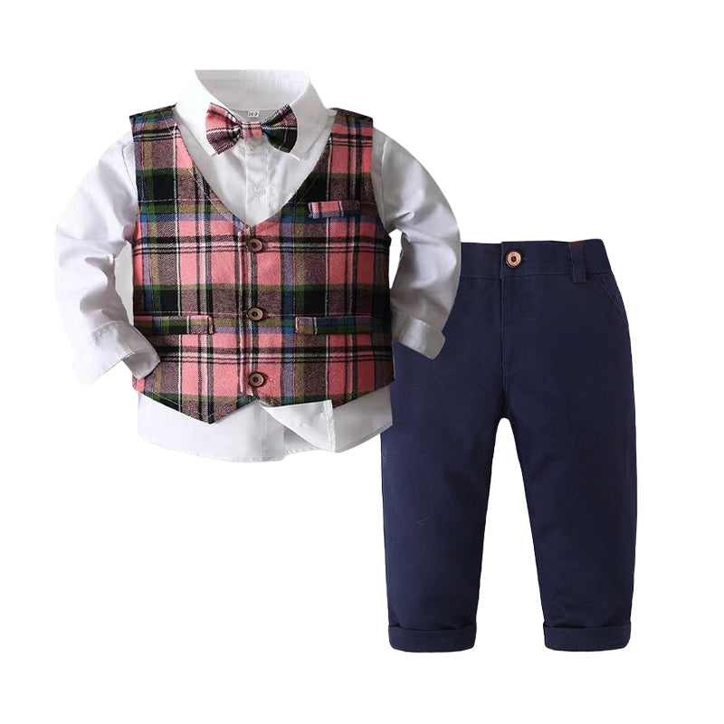 3 Pieces Set Baby Kid Boys Birthday Party Bow Shirts Checked Vests Waistcoats And Pants Wholesale 230210122