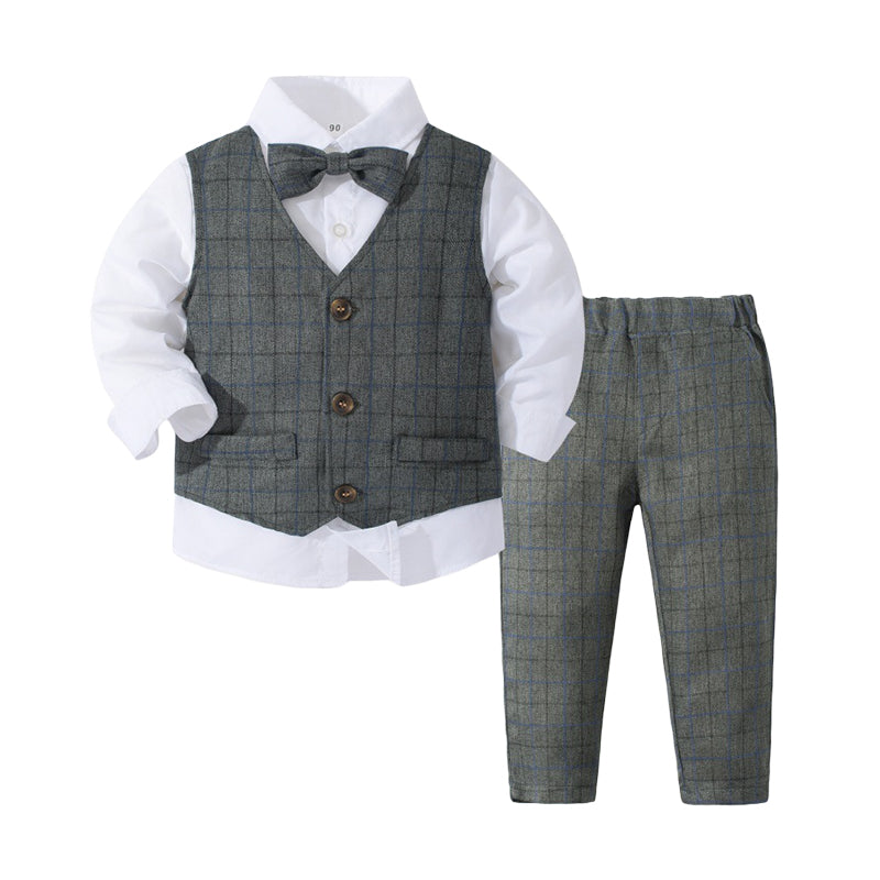 2 Pieces Set Baby Kid Boys Birthday Party Checked Bow Shirts And Solid Color Pants Wholesale 230210136