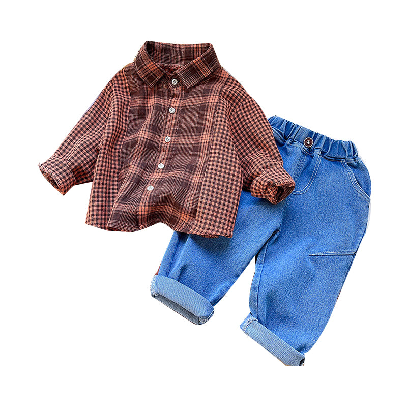 2 Pieces Set Baby Kid Boys Checked Shirts And Solid Color Pants Wholesale 230210174