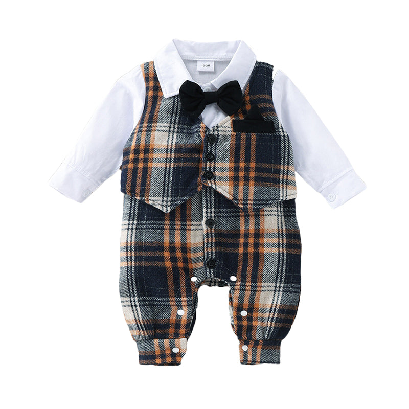 Baby Boys Color-blocking Checked Bow Jumpsuits Wholesale 23021028