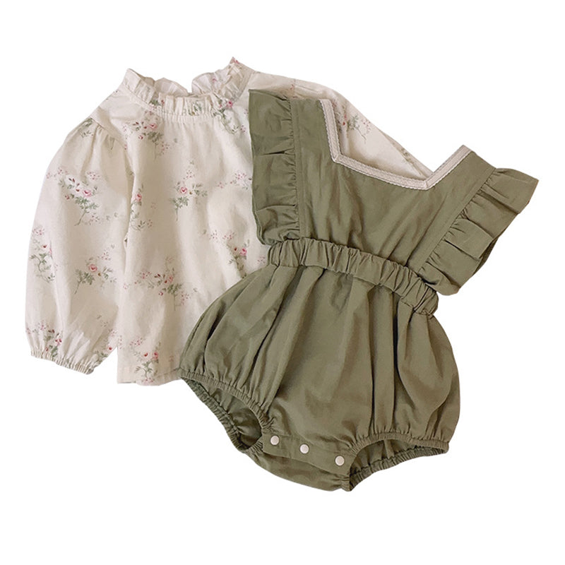 2 Pieces Set Baby Girls Flower Print Tops And Solid Color Rompers Wholesale 230210357