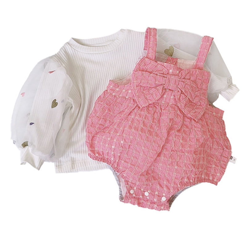 2 Pieces Set Baby Girls Love heart Print Tops And Checked Rompers Wholesale 230210368