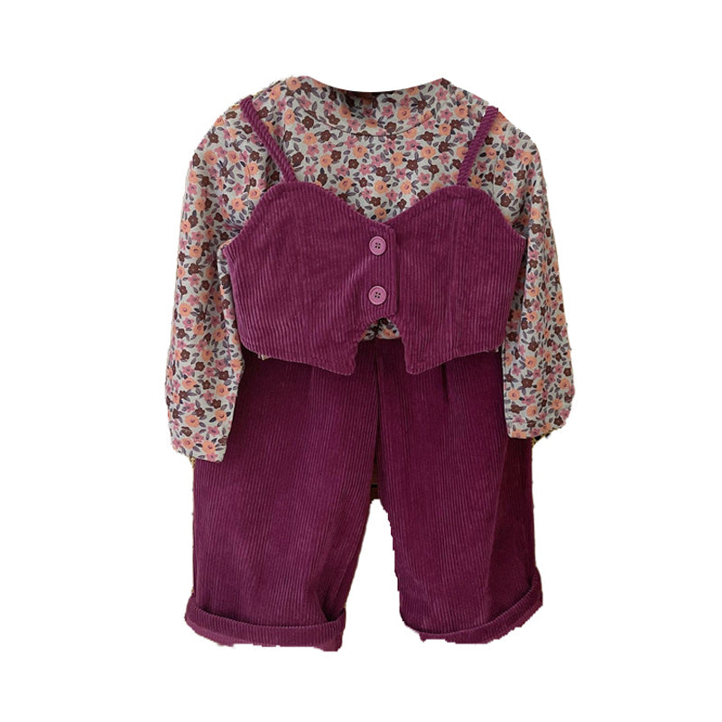 3 Pieces Set Baby Kid Girls Flower Print Tops And Solid Color Vests Waistcoats And Pants Wholesale 230210435