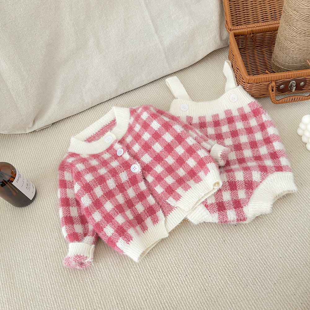 Baby Girls Checked Cardigan And Rompers Wholesale 23021077