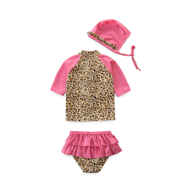 3 Pieces Set Kid Girls Beach Color-blocking Leopard Tops Shorts And Hats Wholesale 23021302