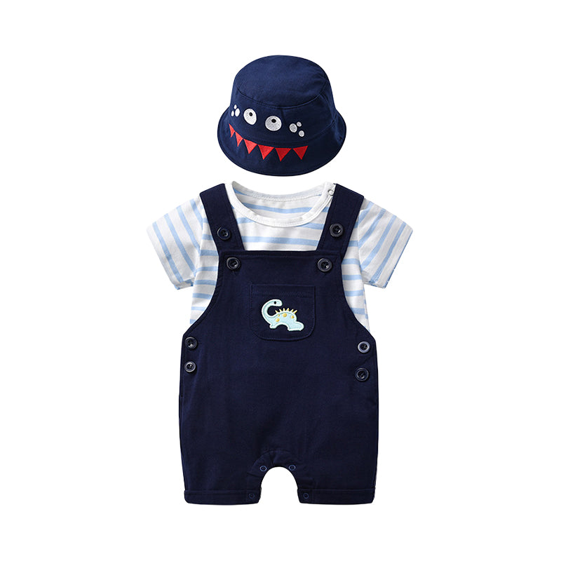 3 Pieces Set Baby Boys Striped Rompers And Dinosaur Cartoon Embroidered Rompers And Hats Wholesale 23021311