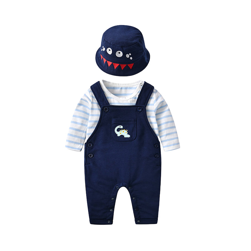 3 Pieces Set Baby Boys Striped Rompers Dinosaur Embroidered Jumpsuits And Hats Wholesale 23021312