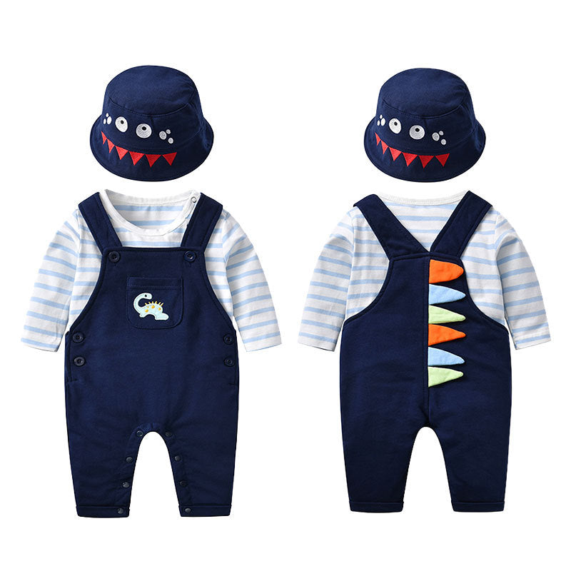 3 Pieces Set Baby Boys Striped Rompers Dinosaur Embroidered Jumpsuits And Hats Wholesale 23021312