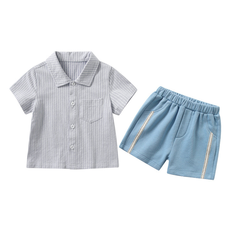 2 Pieces Set Baby Kid Boys Solid Color Polo Shirts And Striped Shorts Wholesale 230213242