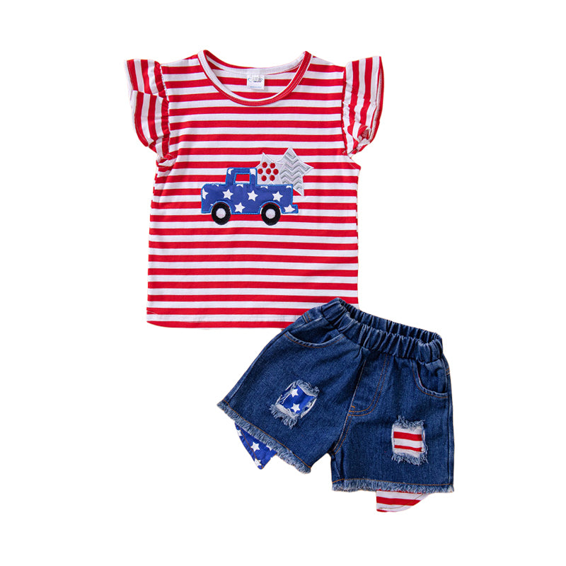 2 Pieces Set Baby Kid Girls Striped Star Embroidered Tops And Shorts Wholesale 23021328