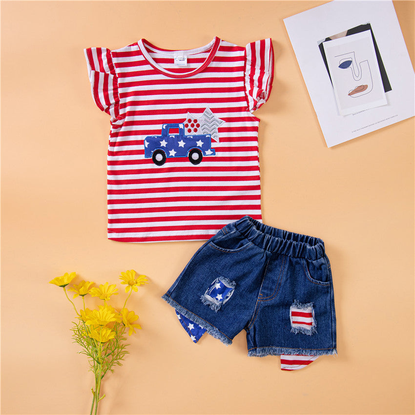 2 Pieces Set Baby Kid Girls Striped Star Embroidered Tops And Shorts Wholesale 23021328