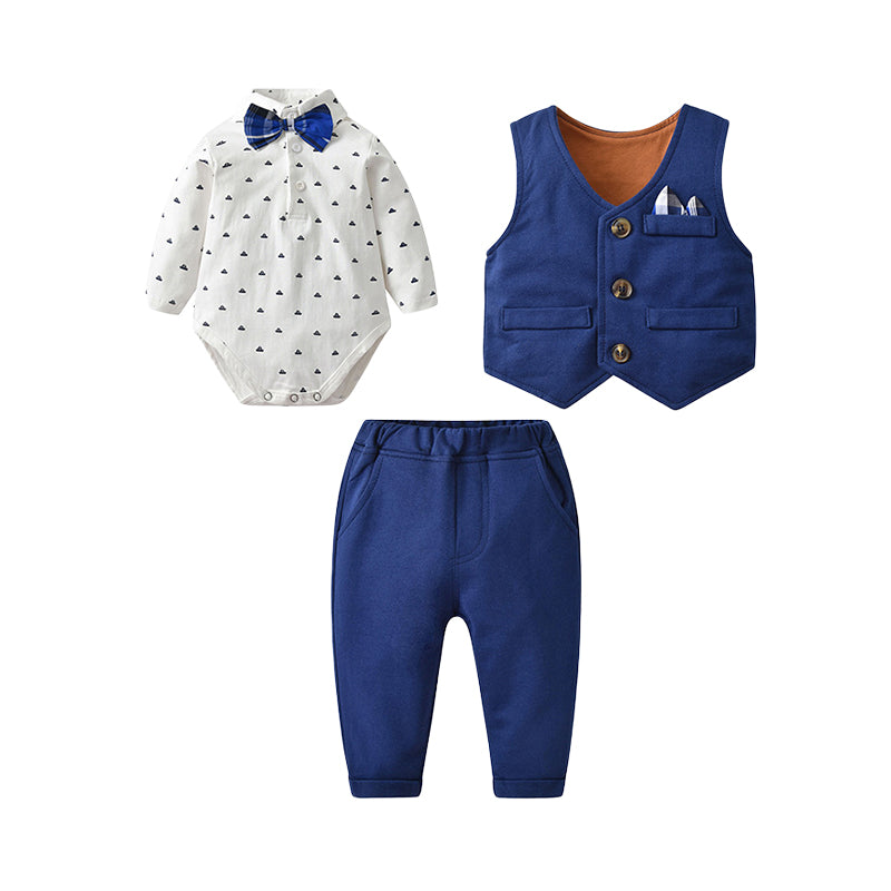 3 Pieces Set Baby Boys Birthday Bow Print Rompers And Vests Waistcoats And Solid Color Pants Wholesale 23021332