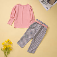 Load image into Gallery viewer, 2 Pieces Set Baby Kid Girls Solid Color Tops And Checked Pants Wholesale 23021333
