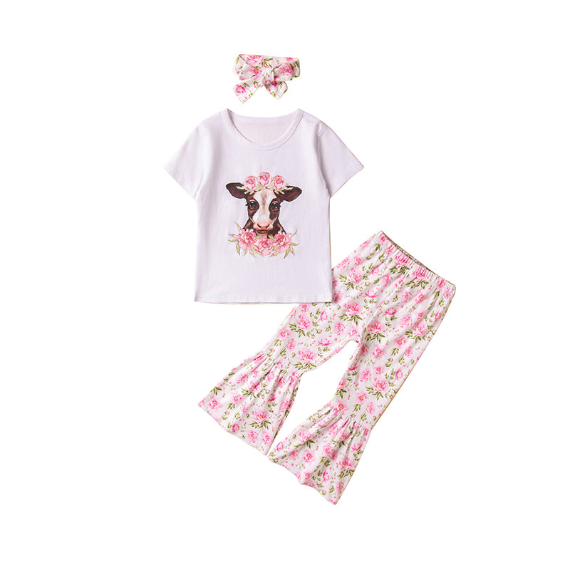 3 Pieces Set Baby Kid Girls Animals Print T-Shirts Flower Pants And Headwear Wholesale 230213342