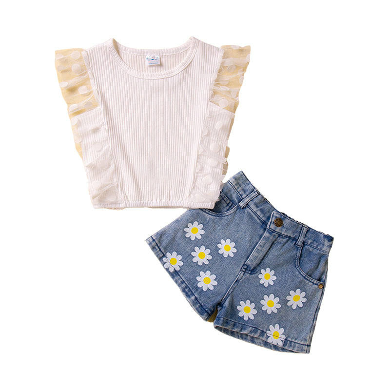 2 Pieces Set Baby Kid Girls Solid Color Polka dots Tank Tops And Flower Print Shorts Wholesale 230213346