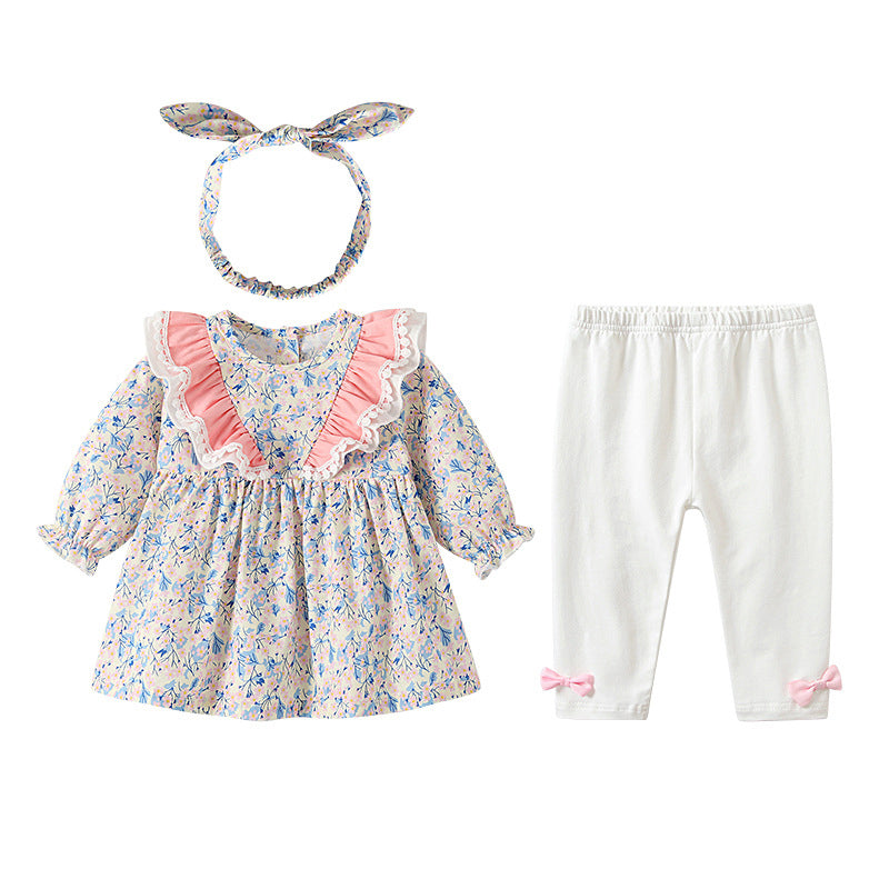 3 Pieces Set Baby Kid Girls Flower Print Tops And Solid Color Bow Pants And Headwear Wholesale 230213498