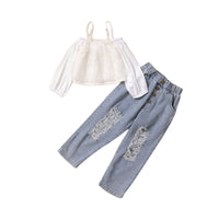 Load image into Gallery viewer, 2 Pieces Set Baby Kid Girls Solid Color Tops And Ripped Jeans Wholesale 23021374
