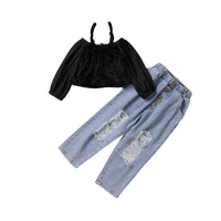 Load image into Gallery viewer, 2 Pieces Set Baby Kid Girls Solid Color Tops And Ripped Jeans Wholesale 23021374
