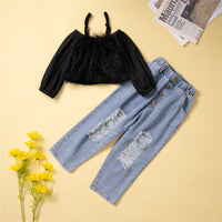 Load image into Gallery viewer, 2 Pieces Set Baby Kid Girls Solid Color Tops And Ripped Jeans Wholesale 23021374

