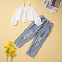 Load image into Gallery viewer, 2 Pieces Set Baby Kid Girls Solid Color Tops And Ripped Jeans Wholesale 23021374
